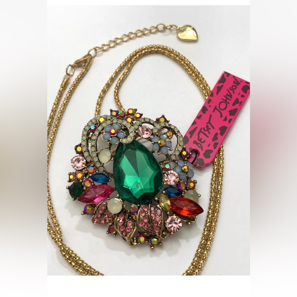 Betsey Johnson Multi Color Crystal Rhinestone Pendant Brooch Necklace NWT